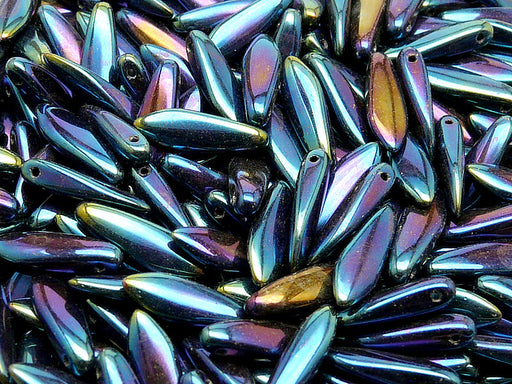 50 pcs Dagger Pressed Beads, 5x16mm, Jet Blue Iris, Czech Glass