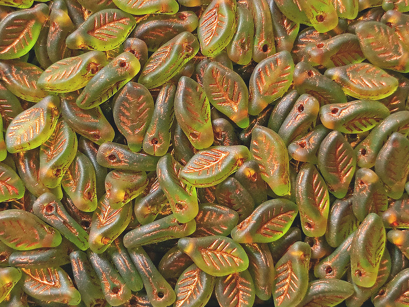 30 pcs Bay Leaf Beads 6x12 mm, Olive Transparent Matte with Copper Decor, Czech Glass