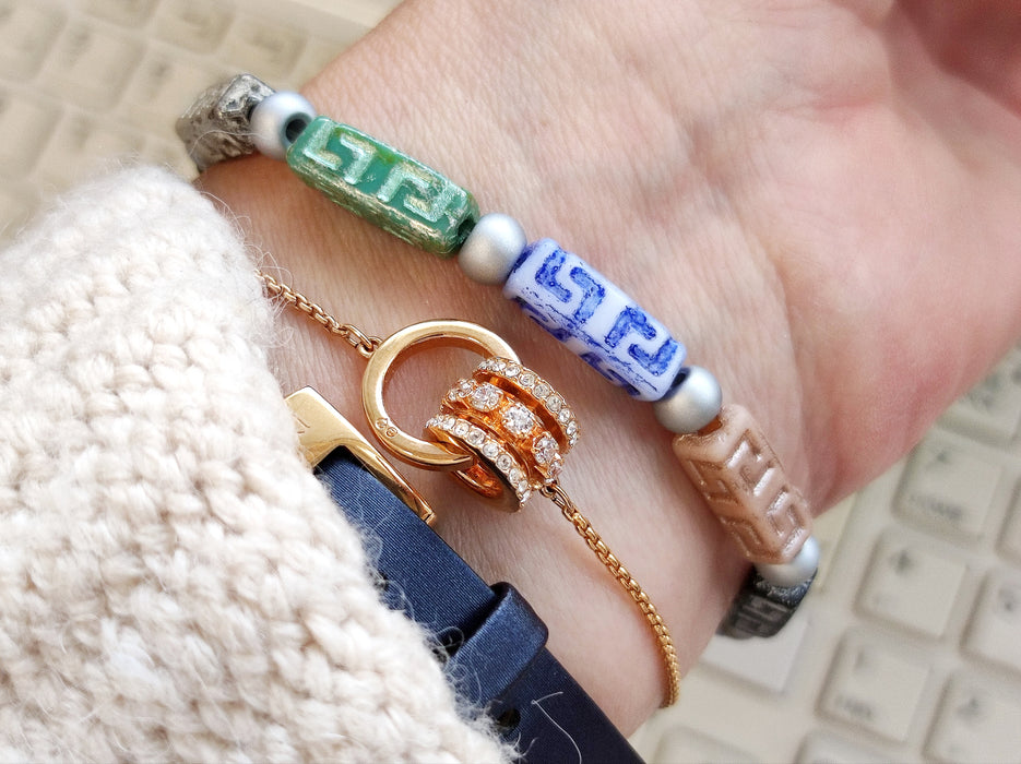 Creative Set: DIY Bracelet made of multi-color Celtic Block and Pony Beads with silver accents.