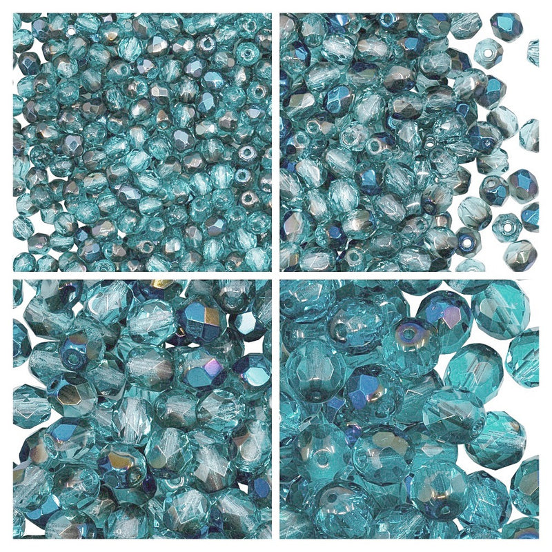 Set of Round Fire Polished Beads (3mm, 4mm, 6mm, 8mm), Aquamarine Azuro, Czech Glass