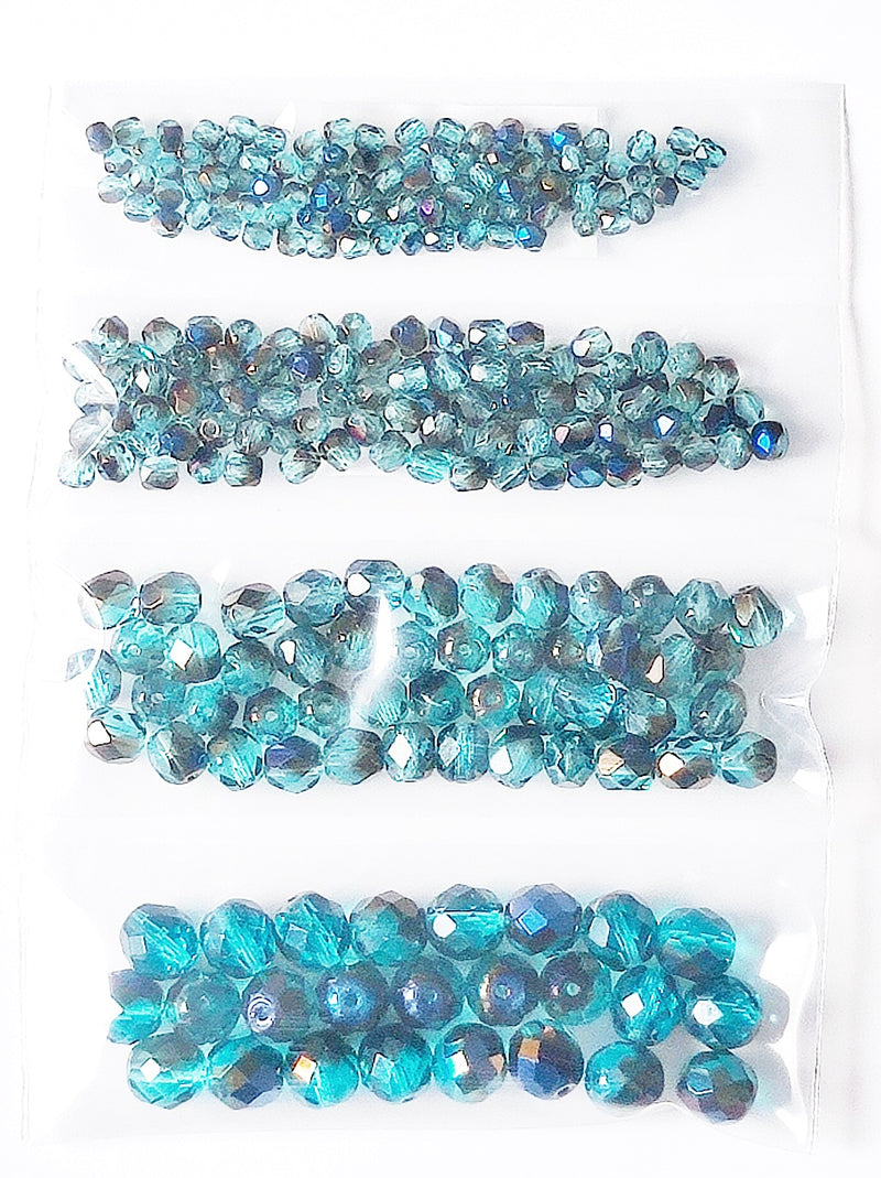 Set of Round Fire Polished Beads (3mm, 4mm, 6mm, 8mm), Aquamarine Azuro, Czech Glass