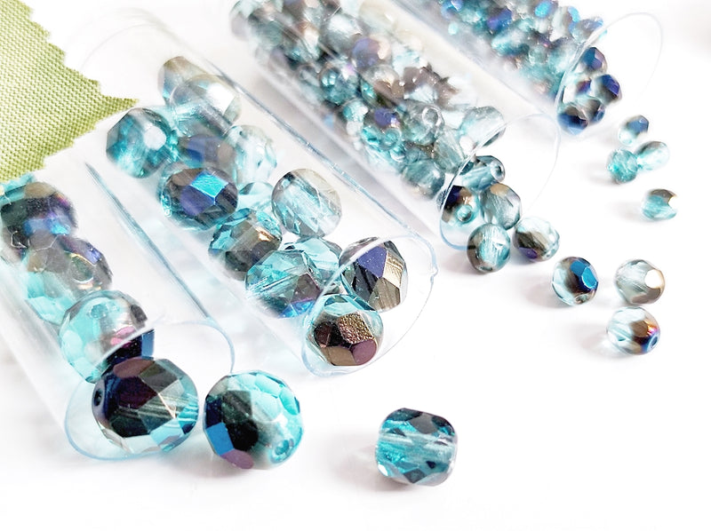 Set of Round Fire Polished Beads (3mm, 4mm, 6mm, 8mm), Aquamarine Azuro, Czech Glass