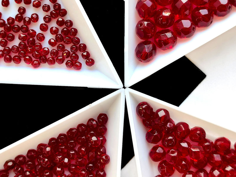 Set of Round Fire Polished Beads (3mm, 4mm, 6mm, 8mm), Dark Ruby, Czech Glass