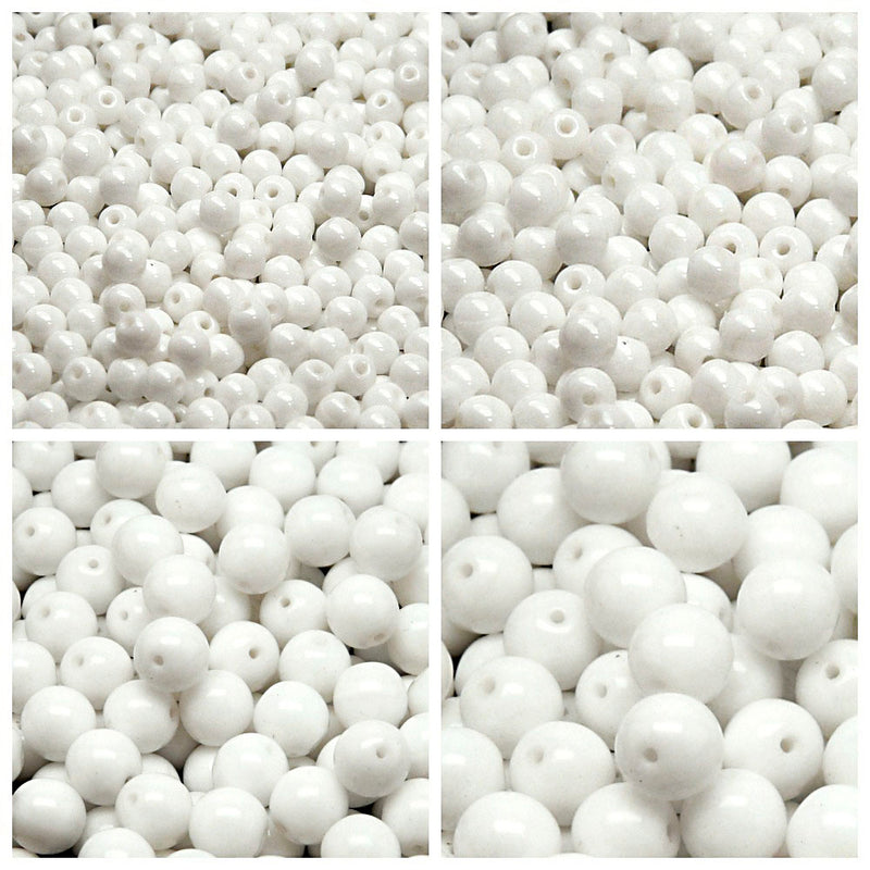 Set of Round Beads (3mm, 4mm, 6mm, 8mm), Chalk White, Czech Glass