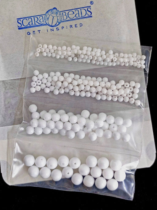 Set of Round Beads (3mm, 4mm, 6mm, 8mm), Chalk White, Czech Glass