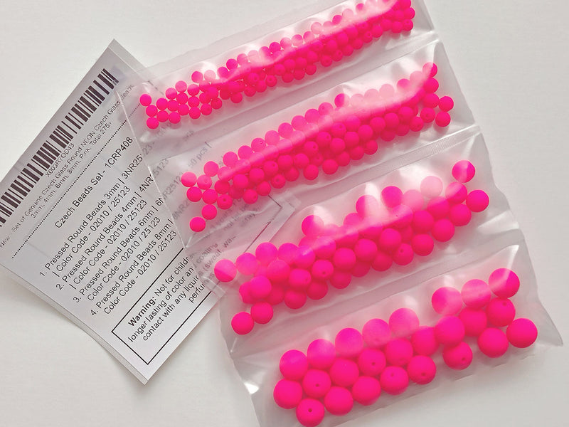 Set of Round Beads (3mm, 4mm, 6mm, 8mm), Neon Pink (UV Active), Czech Glass