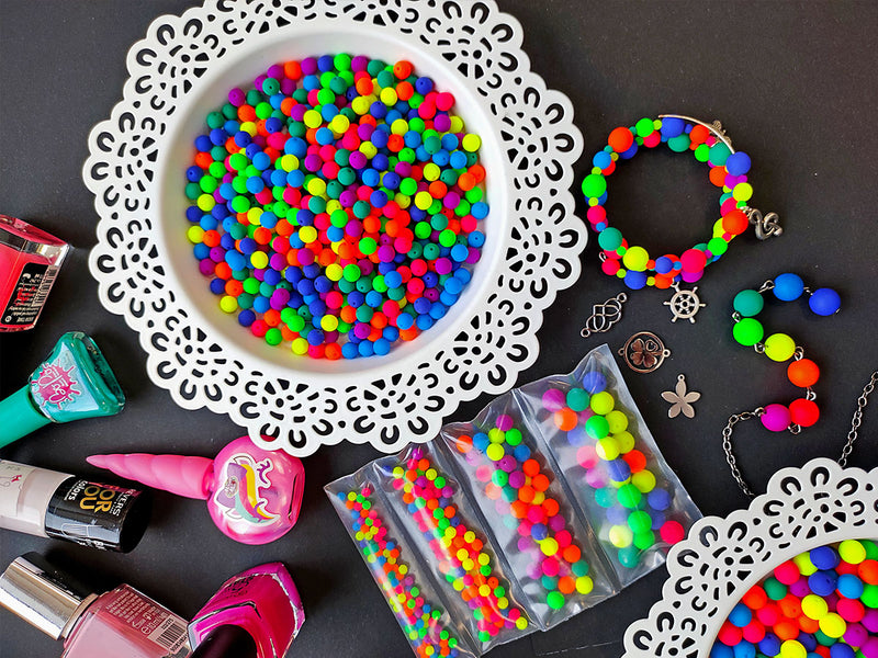 Set of Round Beads (3mm, 4mm, 6mm, 8mm), Neon Mega Mix (UV Active), total 275, Czech Glass