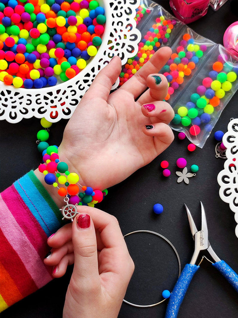 Set of Round Beads (3mm, 4mm, 6mm, 8mm), Neon Mega Mix (UV Active), total 275, Czech Glass