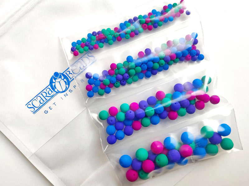 Set of Round Beads (3mm, 4mm, 6mm, 8mm), Neon Dark Mix (UV Active), total 275, Czech Glass