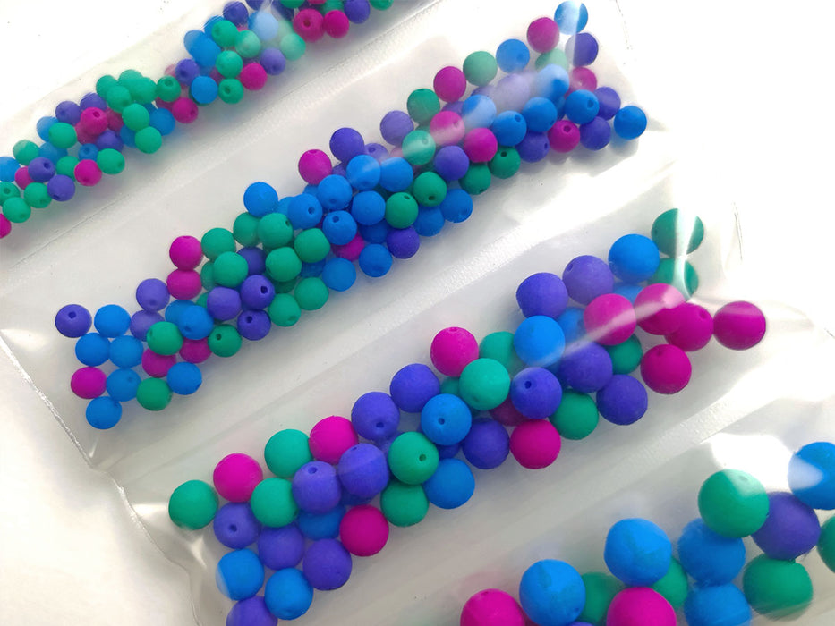 Set of Round Beads (3mm, 4mm, 6mm, 8mm), Neon Dark Mix (UV Active), total 275, Czech Glass
