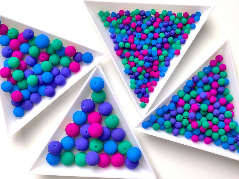Set of Round Beads (3mm, 4mm, 6mm, 8mm), Neon Dark Mix (UV Active), total 275, Czech Glass