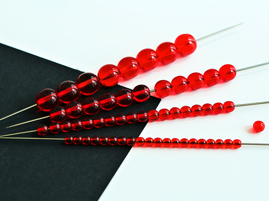 Set of Round Beads (3mm, 4mm, 6mm, 8mm), Ruby, Czech Glass