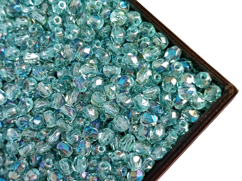 100 pcs Fire Polished Beads 3 mm, Aquamarine Azuro, Czech Glass