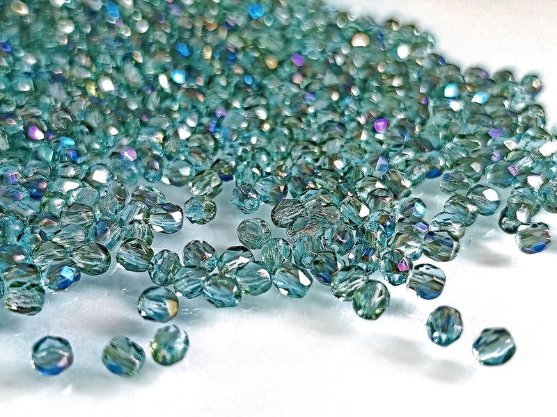 100 pcs Fire Polished Beads 3 mm, Aquamarine Azuro, Czech Glass
