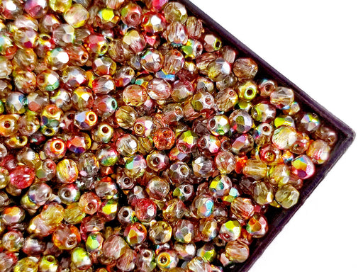 100 pcs Fire Polished Faceted Beads Round 3 mm, Crystal Magic Red Yellow, Czech Glass