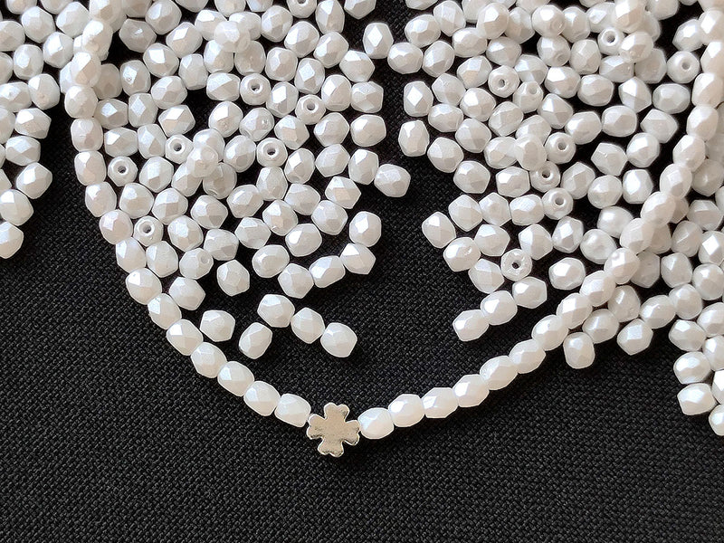 100 pcs Fire Polished Faceted Beads Round, 3mm, Pastel White, Czech Glass