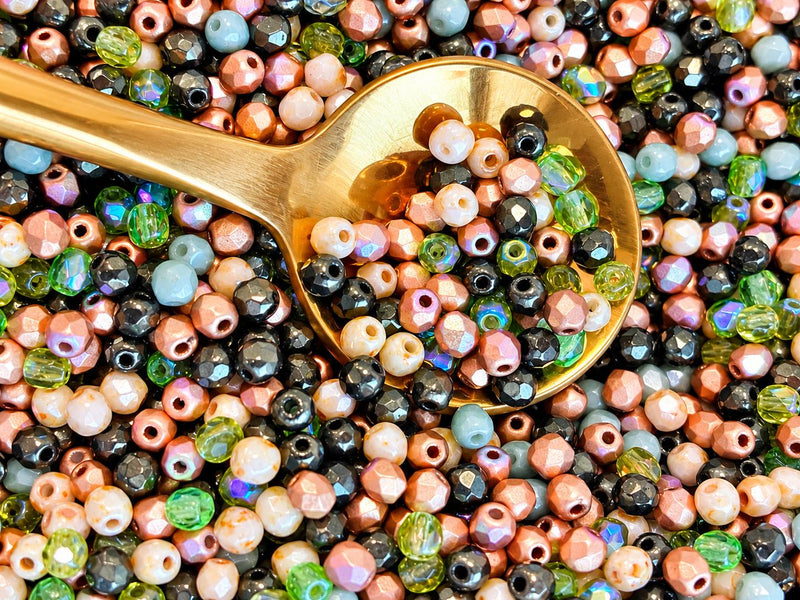 0,88 oz (25 g) Mix of Faceted Fire Polished Beads 3 mm, Forest Haze, Czech Glass