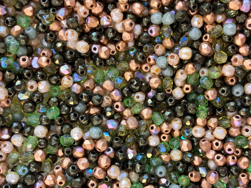 0,88 oz (25 g) Mix of Faceted Fire Polished Beads 3 mm, Forest Haze, Czech Glass
