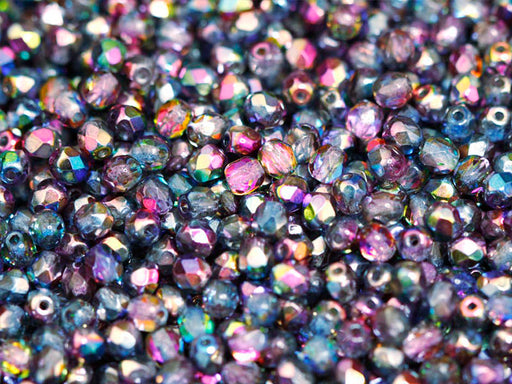 100 pcs Fire Polished Faceted Beads Round, 4mm, Magic Blue Pink, Czech Glass