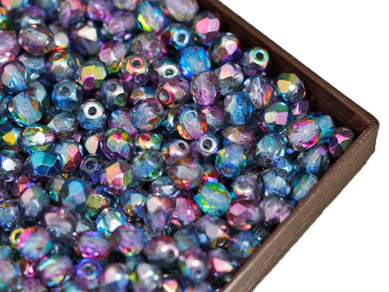 100 pcs Fire Polished Faceted Beads Round, 4mm, Magic Blue Pink, Czech Glass