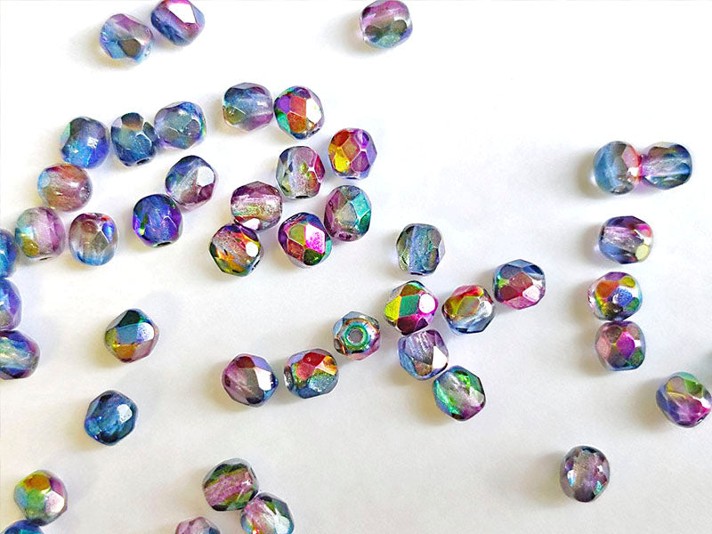 100 pcs Fire Polished Faceted Beads Round, 4mm, Magic Blue Pink, Czech Glass