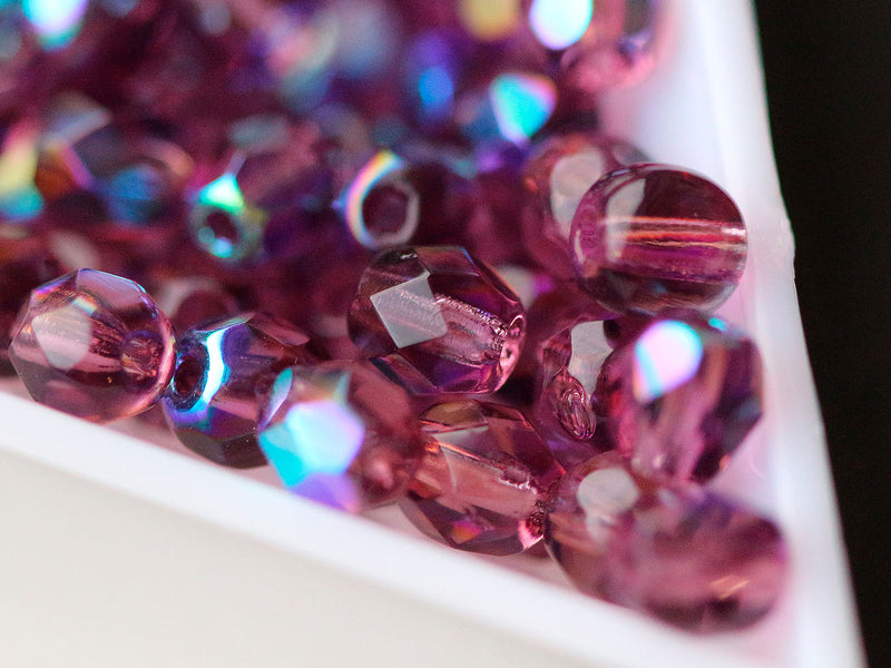 100 pcs Fire Polished Faceted Beads Round, 4mm, Amethyst AB, Czech Glass