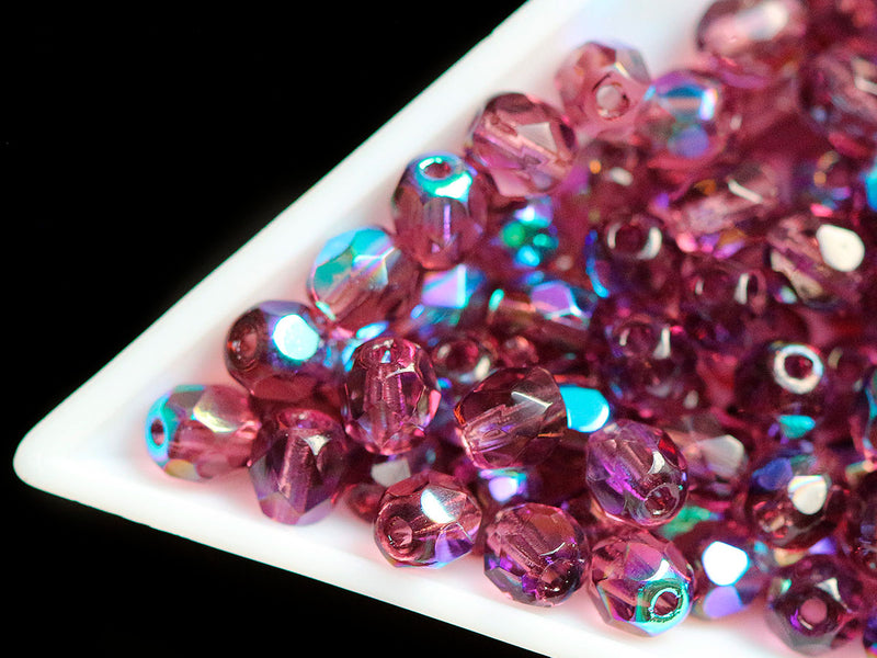 100 pcs Fire Polished Faceted Beads Round, 4mm, Amethyst AB, Czech Glass
