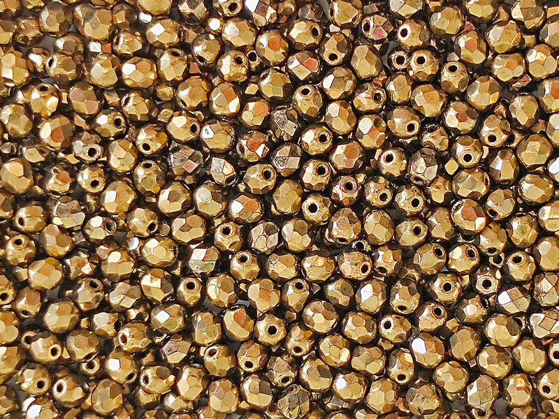 100 pcs Fire Polished Faceted Beads Round, 4mm, Gold Metallic, Czech Glass