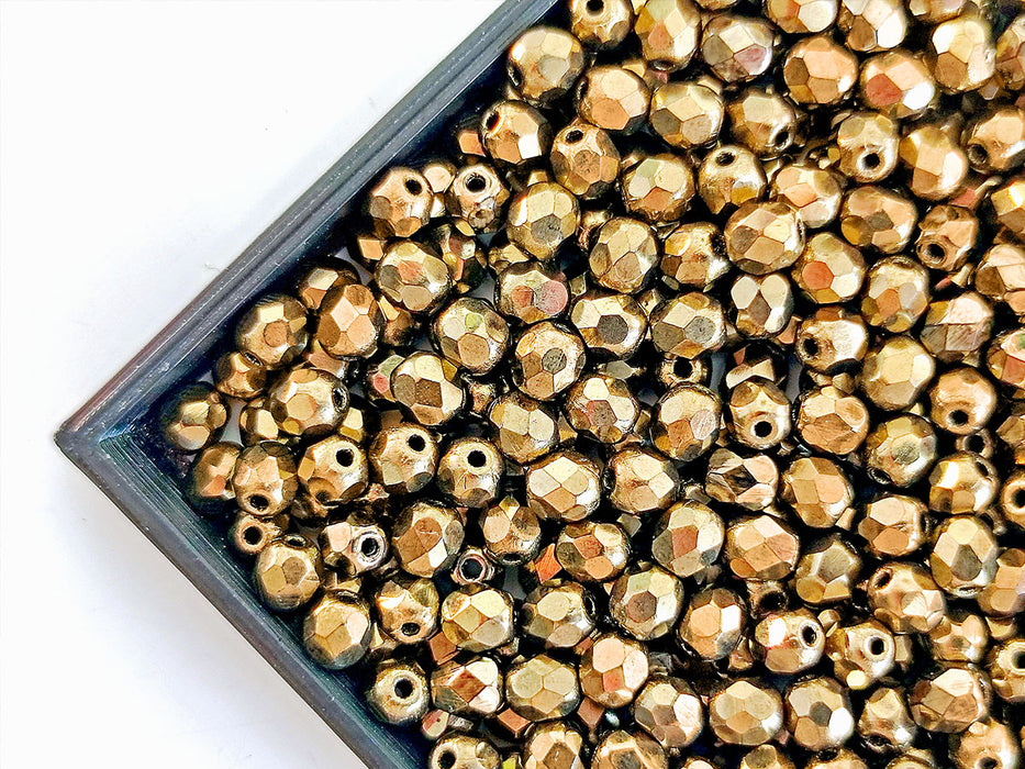 100 pcs Fire Polished Faceted Beads Round, 4mm, Gold Metallic, Czech Glass
