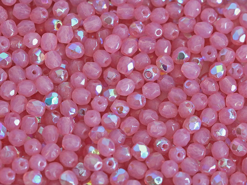 100 pcs Fire Polished Faceted Beads Round, 4mm, Pink Opal AB, Czech Glass