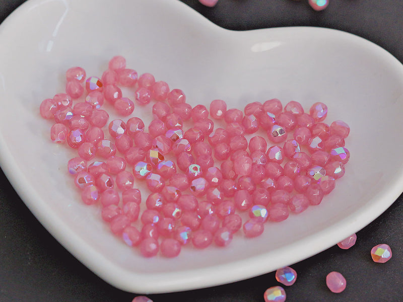 100 pcs Fire Polished Faceted Beads Round, 4mm, Pink Opal AB, Czech Glass