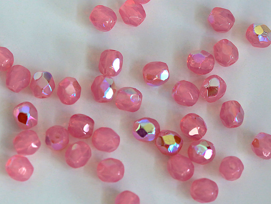 100 pcs Fire Polished Faceted Beads Round, 4mm, Pink Opal AB, Czech Glass