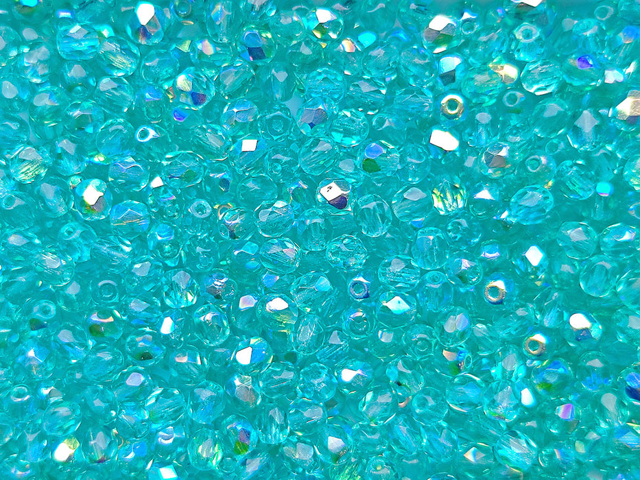 100 pcs Fire Polished Faceted Beads Round, 4mm, Light Aqua AB, Czech Glass