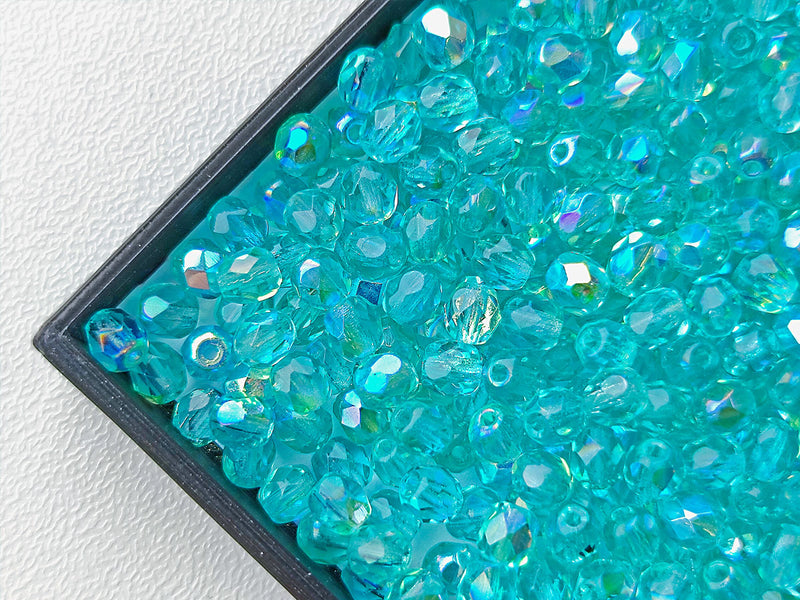 100 pcs Fire Polished Faceted Beads Round, 4mm, Light Aqua AB, Czech Glass