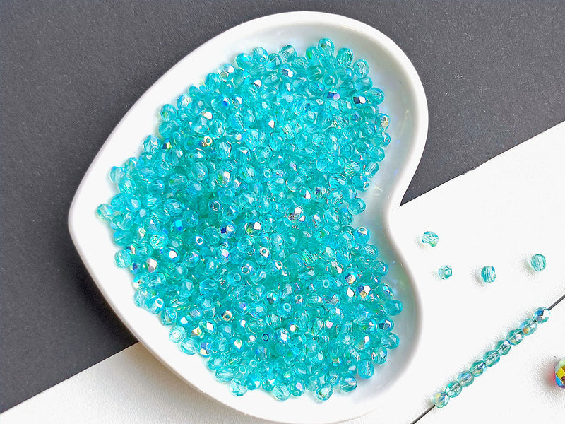 100 pcs Fire Polished Faceted Beads Round, 4mm, Light Aqua AB, Czech Glass