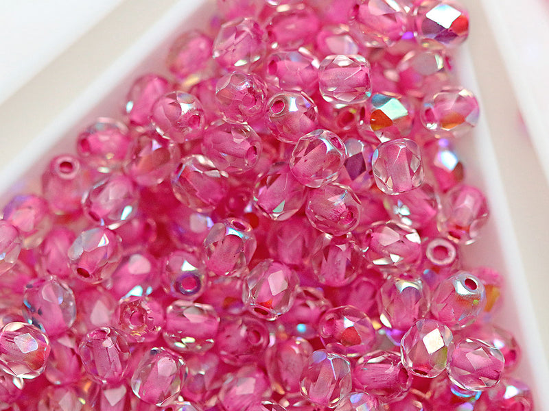 100 pcs Fire Polished Faceted Beads Round, 4mm, Crystal AB Pink Lined, Czech Glass