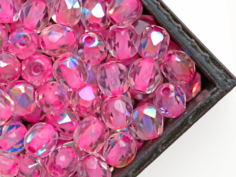 100 pcs Fire Polished Faceted Beads Round, 4mm, Crystal AB Pink Lined, Czech Glass