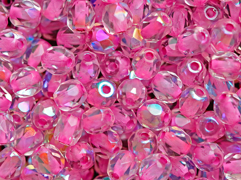 100 pcs Fire Polished Faceted Beads Round, 4mm, Crystal AB Pink Lined, Czech Glass