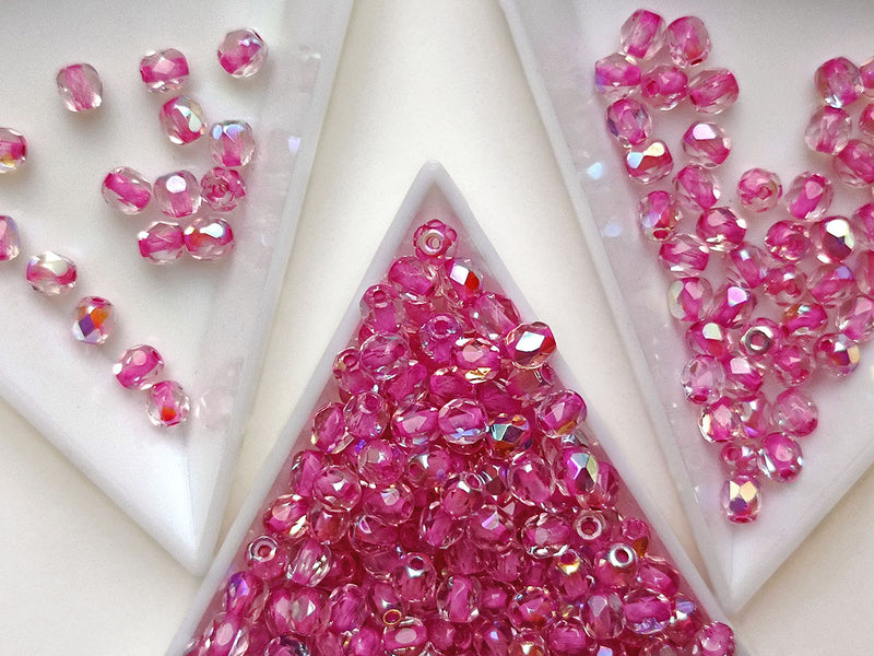 100 pcs Fire Polished Faceted Beads Round, 4mm, Crystal AB Pink Lined, Czech Glass