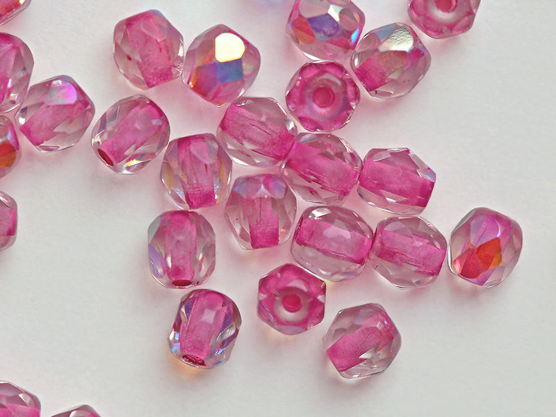 100 pcs Fire Polished Faceted Beads Round, 4mm, Crystal AB Pink Lined, Czech Glass