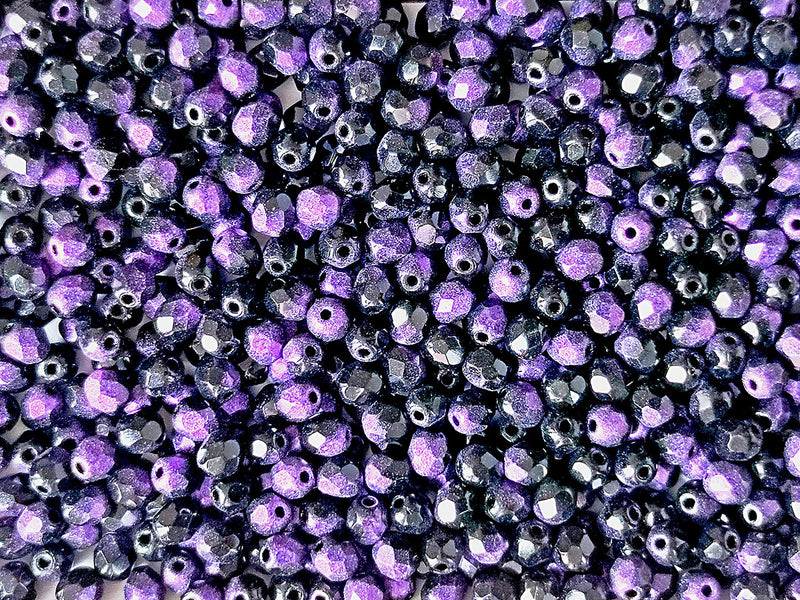 100 pcs Fire Polished Faceted Beads Round, 4mm, Jet Rutile Violet, Czech Glass