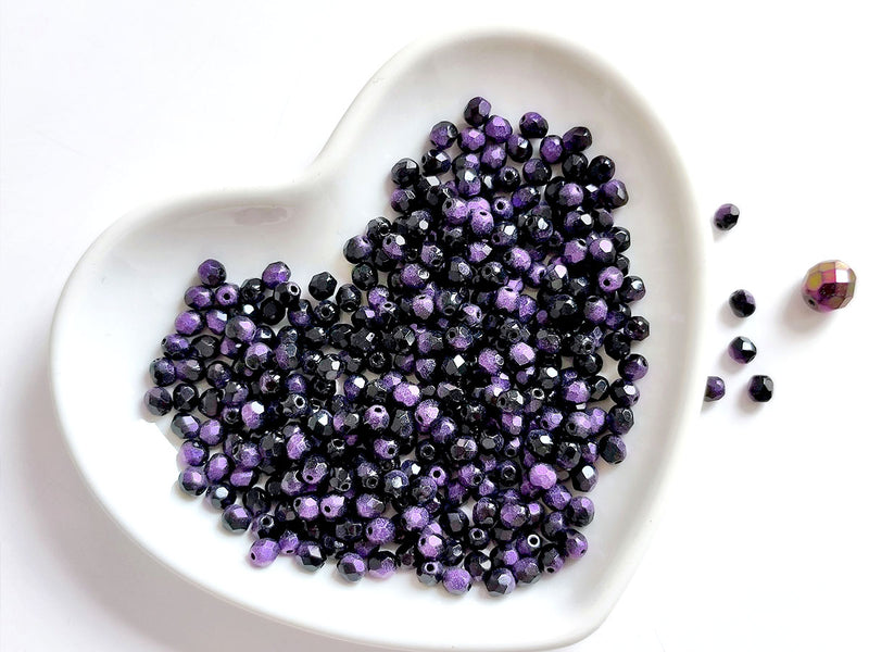 100 pcs Fire Polished Faceted Beads Round, 4mm, Jet Rutile Violet, Czech Glass