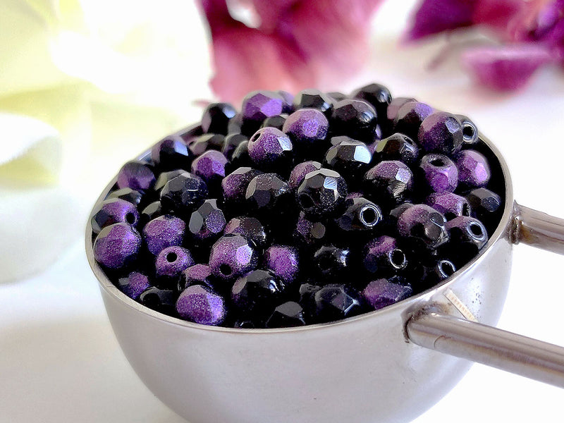 100 pcs Fire Polished Faceted Beads Round, 4mm, Jet Rutile Violet, Czech Glass