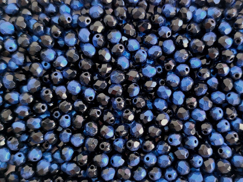 100 pcs Fire Polished Faceted Beads Round, 4mm, Jet Rutile Blue, Czech Glass
