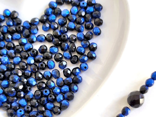 100 pcs Fire Polished Faceted Beads Round, 4mm, Jet Rutile Blue, Czech Glass