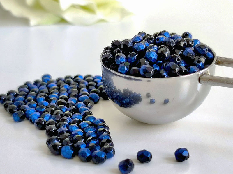 100 pcs Fire Polished Faceted Beads Round, 4mm, Jet Rutile Blue, Czech Glass
