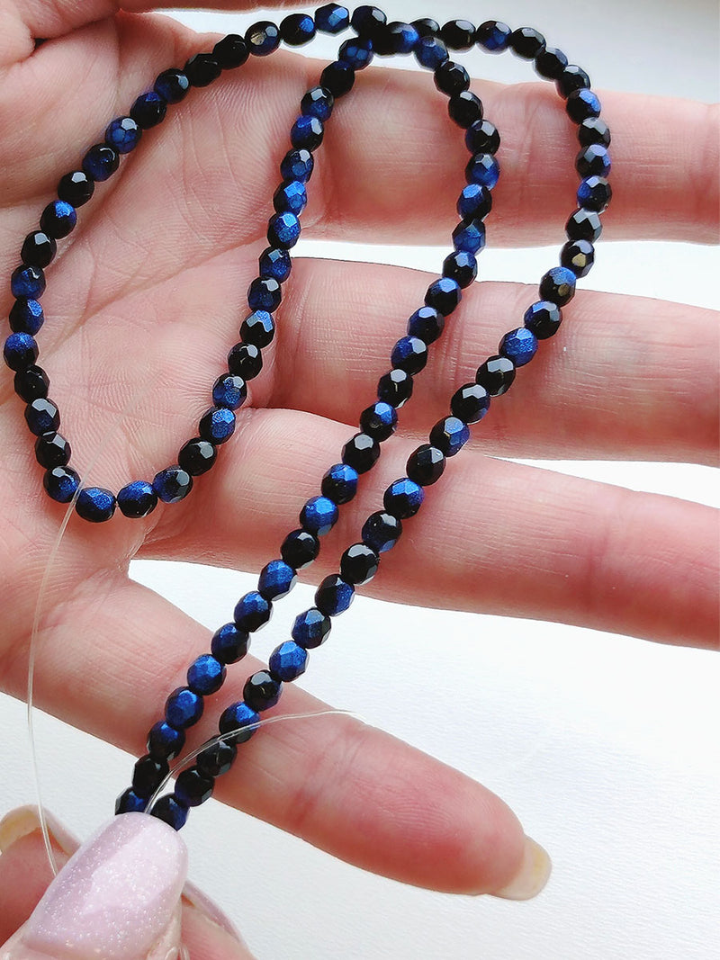 100 pcs Fire Polished Faceted Beads Round, 4mm, Jet Rutile Blue, Czech Glass