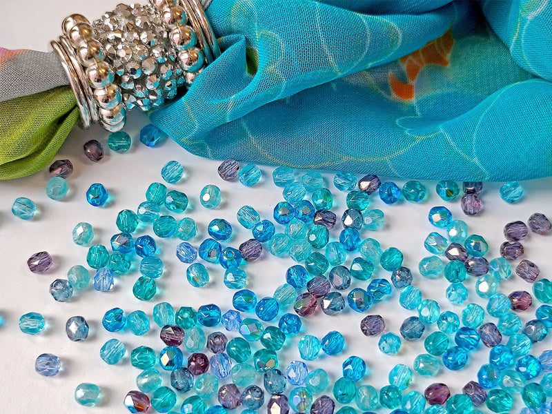 100 pcs Fire Polished Beads 4 mm, Blue Vega Mix, Czech Glass