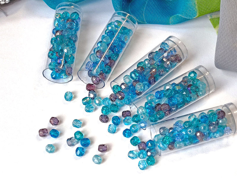 100 pcs Fire Polished Beads 4 mm, Blue Vega Mix, Czech Glass