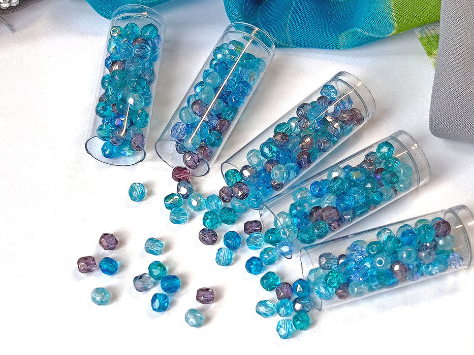 100 pcs Fire Polished Beads 4 mm,  Blue Vega Mix, Czech Glass